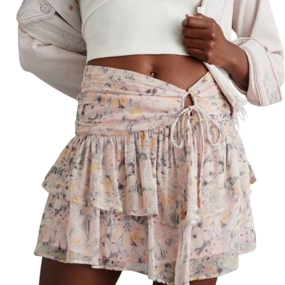 Anthropologie Light Pink Floral Layered Frilly Mini Skirt XS